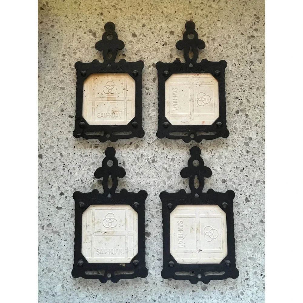 Vintage San-Huan Cast Iron Ceramic Tile Trivets Set 4 Antique Cars Wall Decor